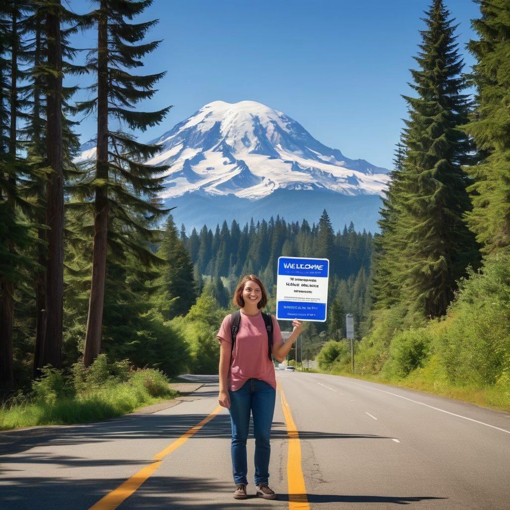 A cheerful person holding an 'Accepted' driver's license in front of a scenic Washington State background featuring iconic landmarks like Mount Rainier and lush pine trees. Include a road sign indicating 'Welcome to Washington' and a friendly DMV building in the distance. Bright sunlight, a clear blue sky, and vibrant colors to emphasize the joyful journey. super-realistic. vibrant colors. picturesque.