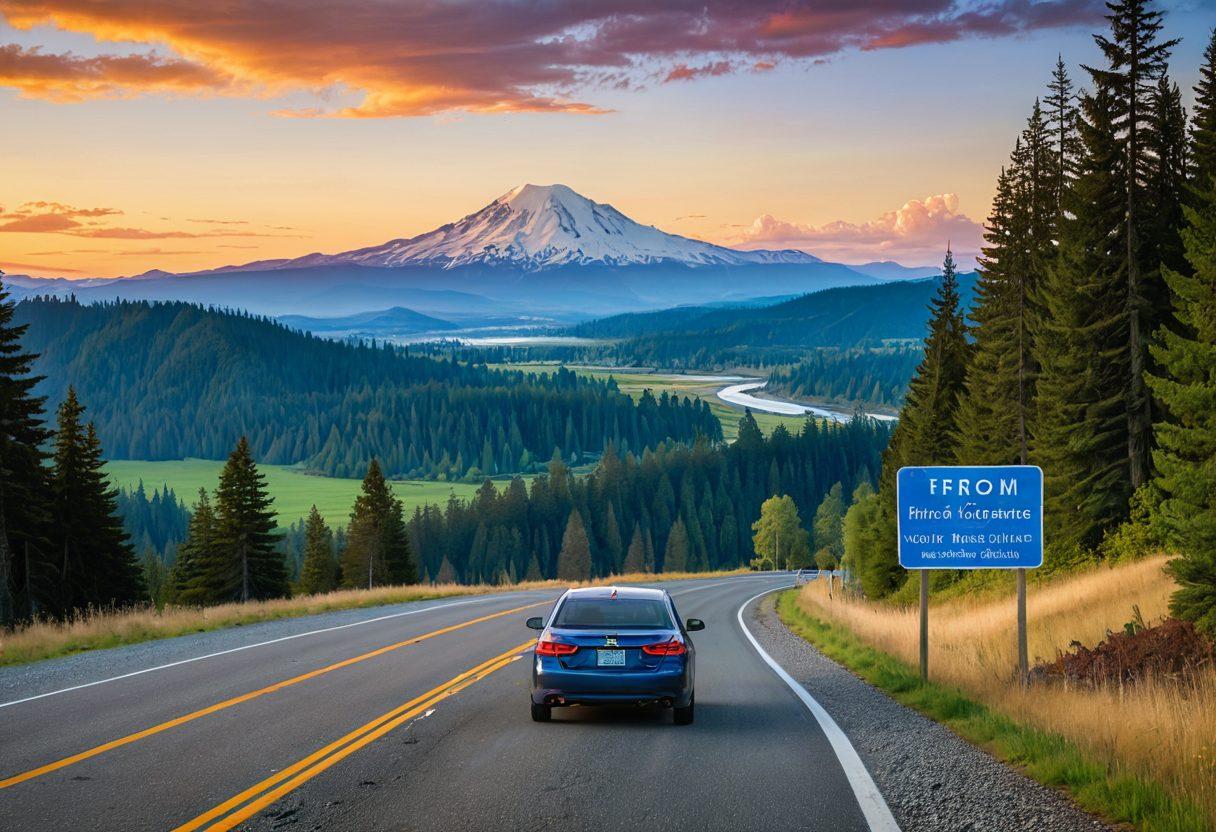 A scenic view of Washington state, featuring a winding road leading towards the horizon with iconic landmarks like mountains and forests. In the foreground, a diverse group of individuals, each holding a driving permit and looking excited, gather around a sign that reads 'From Permit to License'. The sky is bright blue, symbolizing optimism and new beginnings. vibrant colors. super-realistic. 3D.